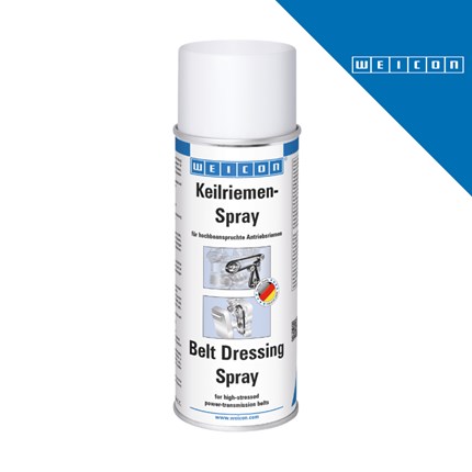 Bijela bočica WEICON Spreja za remenje, 400 ml, s natpisom Keilriemen-Spray i Belt Dressing Spray, s prikazom remenja i logotipom WEICON u plavom kutu.