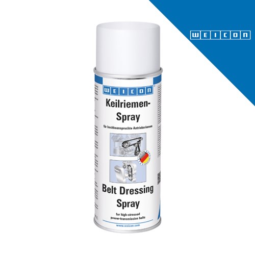 Bijela bočica WEICON Spreja za remenje, 400 ml, s natpisom "Keilriemen-Spray" i "Belt Dressing Spray", s prikazom remenja i logotipom WEICON u plavom kutu.