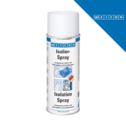 Bijela bočica WEICON Izolacijski sprej 400 ml [10053563] s natpisom Isolier-Spray i Isolation Spray na etiketi, prikazuje transparentnu izolaciju i akrilni lak.