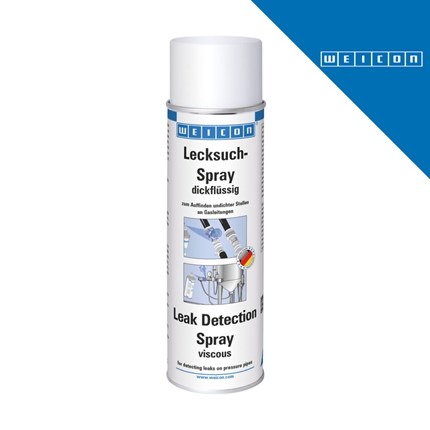 Bijeli sprej za otkrivanje puštanja plina WEICON, s natpisom Leak Detection Spray i viscous, u pakiranju od 400 ml, s logotipom WEICON na plavom pozadinskom dijelu.