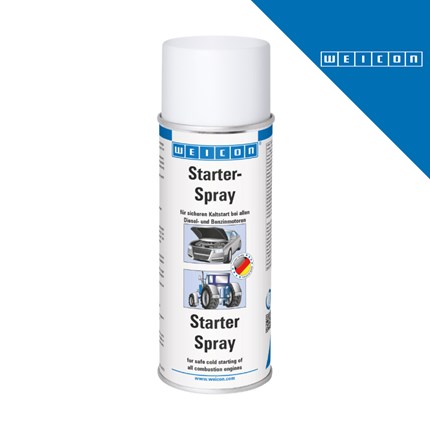 Bijeli sprej za startanje motora WEICON Starter Spray, 400 ml, s natpisom na etiketi i logotipom proizvođača na plavom pozadini.