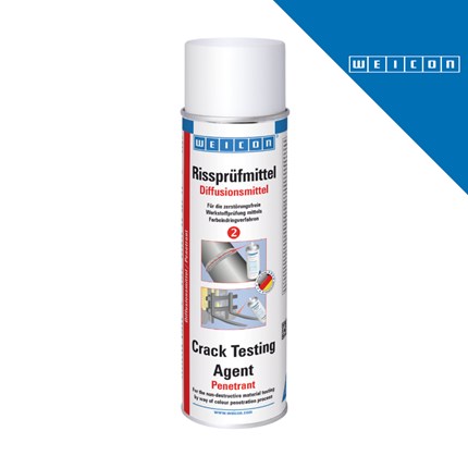 Bijela bočica WEICON Rissprüfmittel Diffusionsmittel Crack Testing Agent Penetrant od 500 ml s crvenim i plavim detaljima na etiketi i ilustracijama primjene.