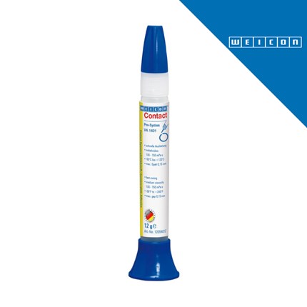 Kontakt ljepilo za tkaninu, karton i gumu u plavoj cijevi od 12 g, s logotipom WEICON na gornjem desnom kutu.