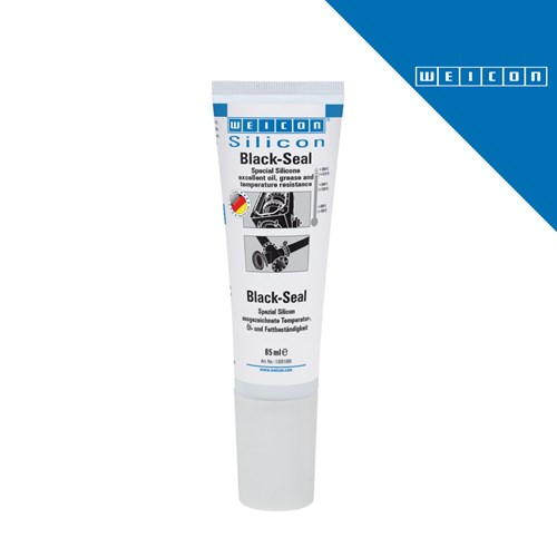 Bijela cijev WEICON Silikon Black-Seal, ljepilo i brtvilo otporno na visoke temperature, zapremine 85 ml, s logotipom proizvođača u gornjem desnom kutu.