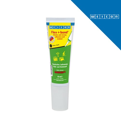 Crna cijev ljepila-brtvila WEICON Flex + bond® za sve materijale, volumen 85 ml, u pakiranju s logotipom proizvođača.