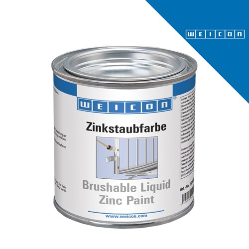 Zink boja u metalnom loncu s plavim i bijelim etiketama, prikazuje tekst "Zinkstaubfarbe" i "Brushable Liquid Zinc Paint", uz ilustraciju nanošenja boje na metalnu rešetku.