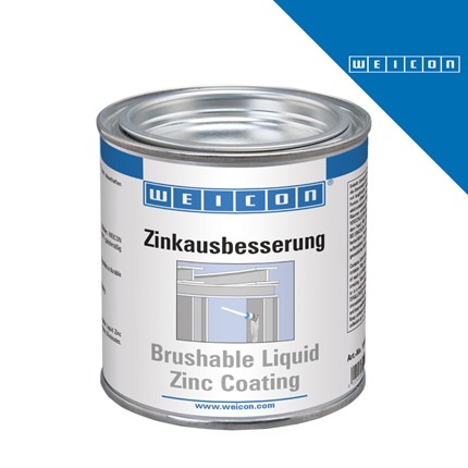 Metalna limenka s plavim i bijelim natpisom WEICON Zinkausbesserung Brushable Liquid Zinc Coating prikazuje proizvod za zaštitu od korozije.