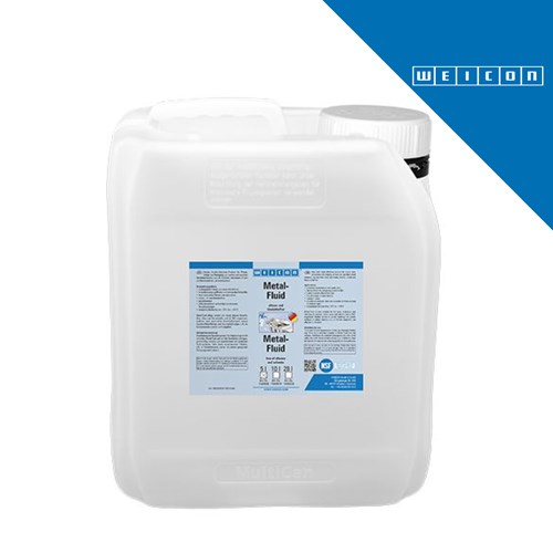 Bijeli plastični spremnik od 5 litara WEICON Metal Fluid NSF, namijenjen za metalne površine, s jasnom etiketom i logotipom proizvođača.
