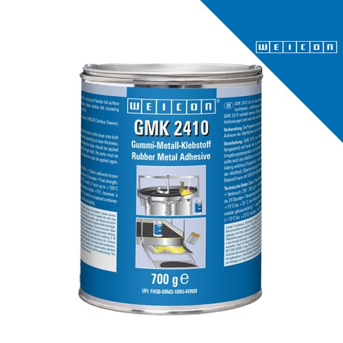 Kanta za gumu i metal WEICON GMK 2410, 700 g, s logotipom WEICON i slikama primjene.
