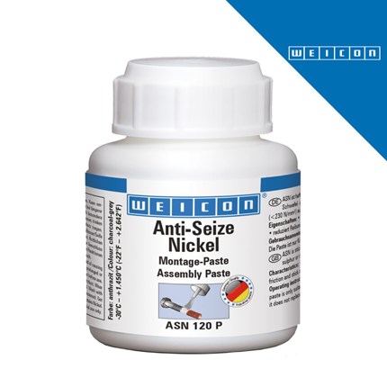Bijela bočica s plavim natpisom WEICON Anti-Seize Nickel i dodatnim informacijama o proizvodu.