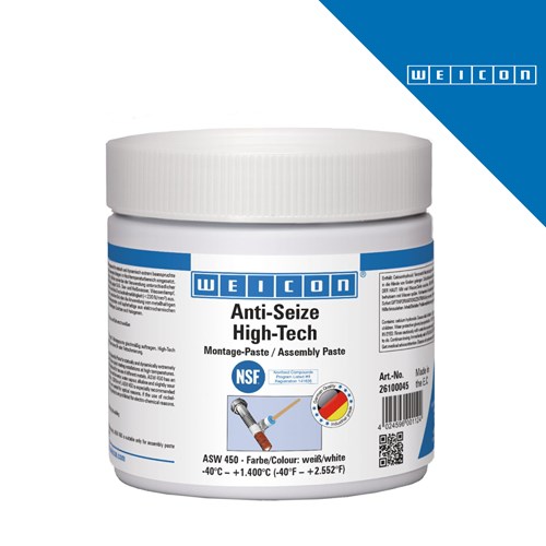 Bijela posuda s etiketom WEICON Anti-Seize High-Tech, sadrži 450 g paste za zaštitu navoja od korozije i zagrizanja, s temperaturnim rasponom od -40°C do +252°C.