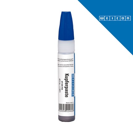 Kupferpaste WEICON 30 g, Artikelnummer 10025928, in einer weißen Tube mit blauem Verschluss und Etikett.