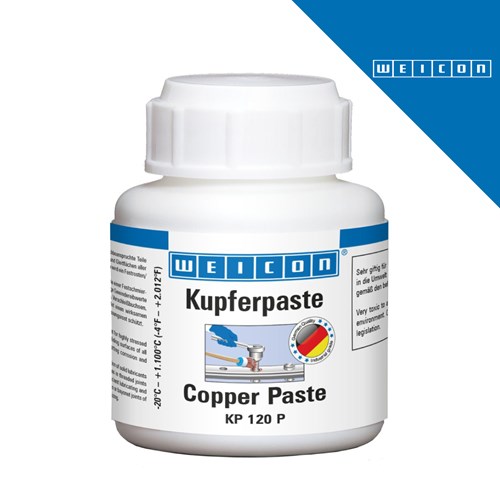 Bijela bočica s plavim i bijelim natpisom "WEICON Kupferpaste Copper Paste KP 120 P" na etiketi, uz ilustraciju navoja i njemačke zastave, u kutiji od 120 g za zaštitu od korozije i zagrizanja navoja.