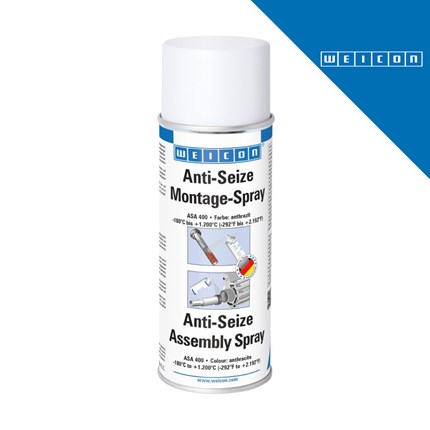 Bijela bočica WEICON Anti-Seize Montage-Spray s plavim i bijelim natpisima, prikazuje upute za korištenje na navojima, s logotipom WEICON u gornjem desnom kutu.