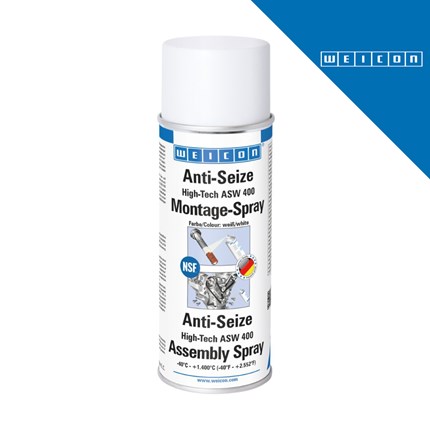Bijela bočica WEICON Anti-Seize ASW 400 Montage-Spray, visokotehnološki sprej za zaštitu navoja od korozije i zagrizanja, s logotipom WEICON u gornjem desnom kutu.