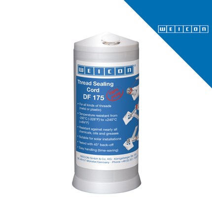 Bijeli cilindrični spremnik WEICON brtvene niti PTFE DF 175, 175 m, s plavom etiketom i logotipom WEICON na bijelo-plavom pozadini.