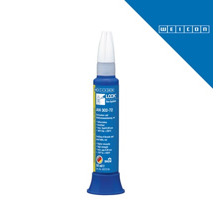 Plavi cilindrični spremnik WEICONLOCK AN 302-72 Pen System, 50 ml, s bijelim vrhom i plavom podlogom, na bijeloj pozadini, s logotipom WEICON u gornjem desnom kutu.