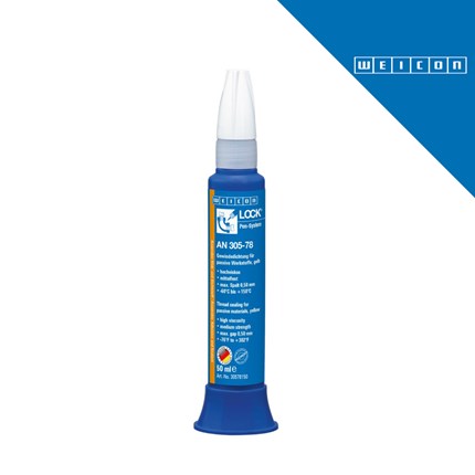 Plava cijev WEICONLOOK AN 305-78 srednje čvrstoće ljepila-brtvila za pasivne materijale, volumen 50 ml, na bijeloj pozadini s plavim dijagonalnim logotipom WEICON.