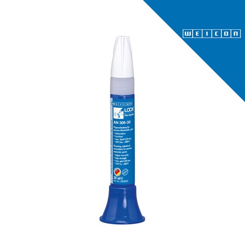 Plavi sustav za brtvljenje WEICONLOCK AN 306-30 u peni, 20 ml, s logotipom WEICON na plavom trokutu.