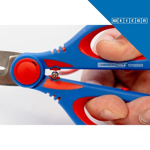 Električne škare WEICONTOOLS XL s plavo-crvenim ručkama i metalnim noževima, dizajnirane za precizno rezanje kose u frizerskim salonima.
