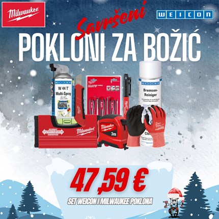 Božićni poklonni set od 47,59 € sadrži vijci, kranjec, Weicon i Milwaukee proizvode.