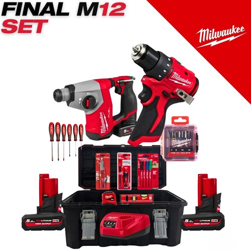 Milwaukee M12 Final Set prikazuje komplet alata u crvenoj i crnoj boji, uključujući dva motorna alata, sklopke, baterije i punjač, sve uređeno u čvrstom kućištu.