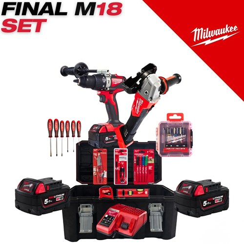 Milwaukee M18 Final Set prikazuje komplet alata u crvenoj i crnoj boji, uključujući dva baterijska alata, četiri baterije, punjač i dodatne pribor u otvorenom kućištu.